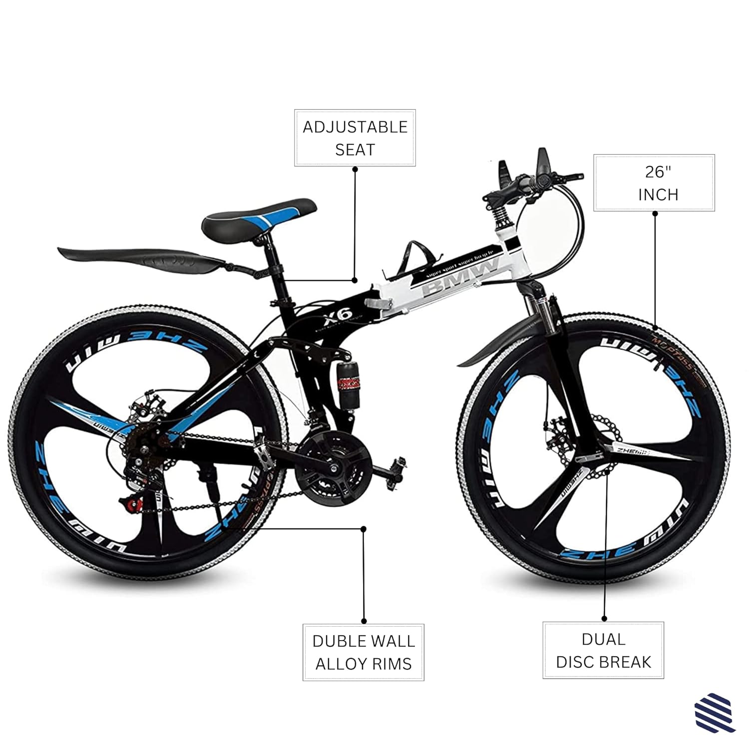 QUESEC Kai Bikes Latest BMW X6 Series, 3 Spoke Foldable/Folding MTB 21 Speed Gear Cycle for Men with Dual Disc Brake 16 Inches Steel Frame Cycle Yong and Adult Bicycle